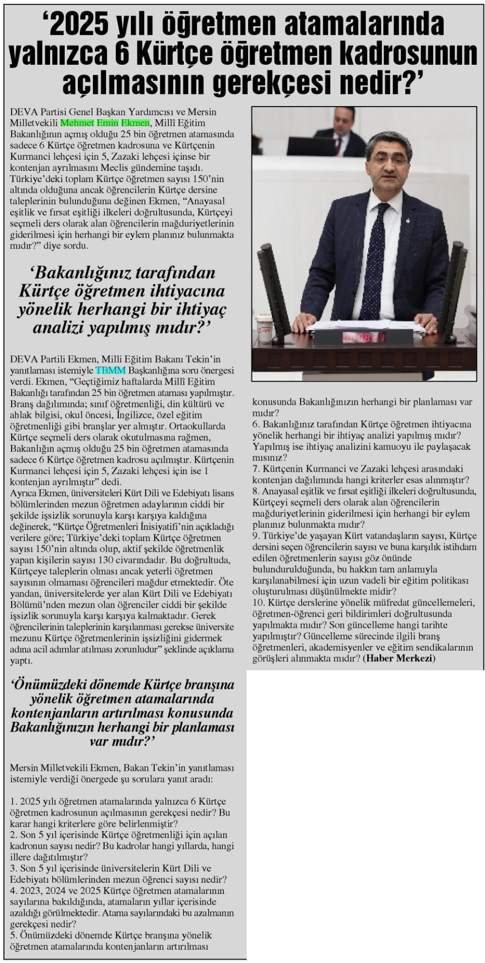 2025 YILI ÖĞRETMEN ATAMALARINDA YALNIZCA 6 KÜRTÇE ÖĞRETMEN KADROSUNUN AÇILMASININ GEREKÇESİ NEDİR?