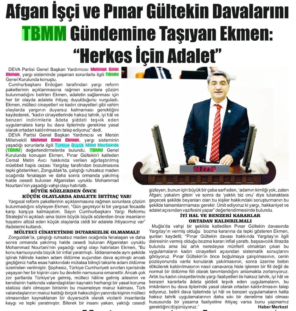 AFGAN İŞÇİ VE PINAR GÜLTEKİN DAVALARINI TBMM GÜNDEMİNE TAŞIYAN EKMEN: HERKES İÇİN ADALET