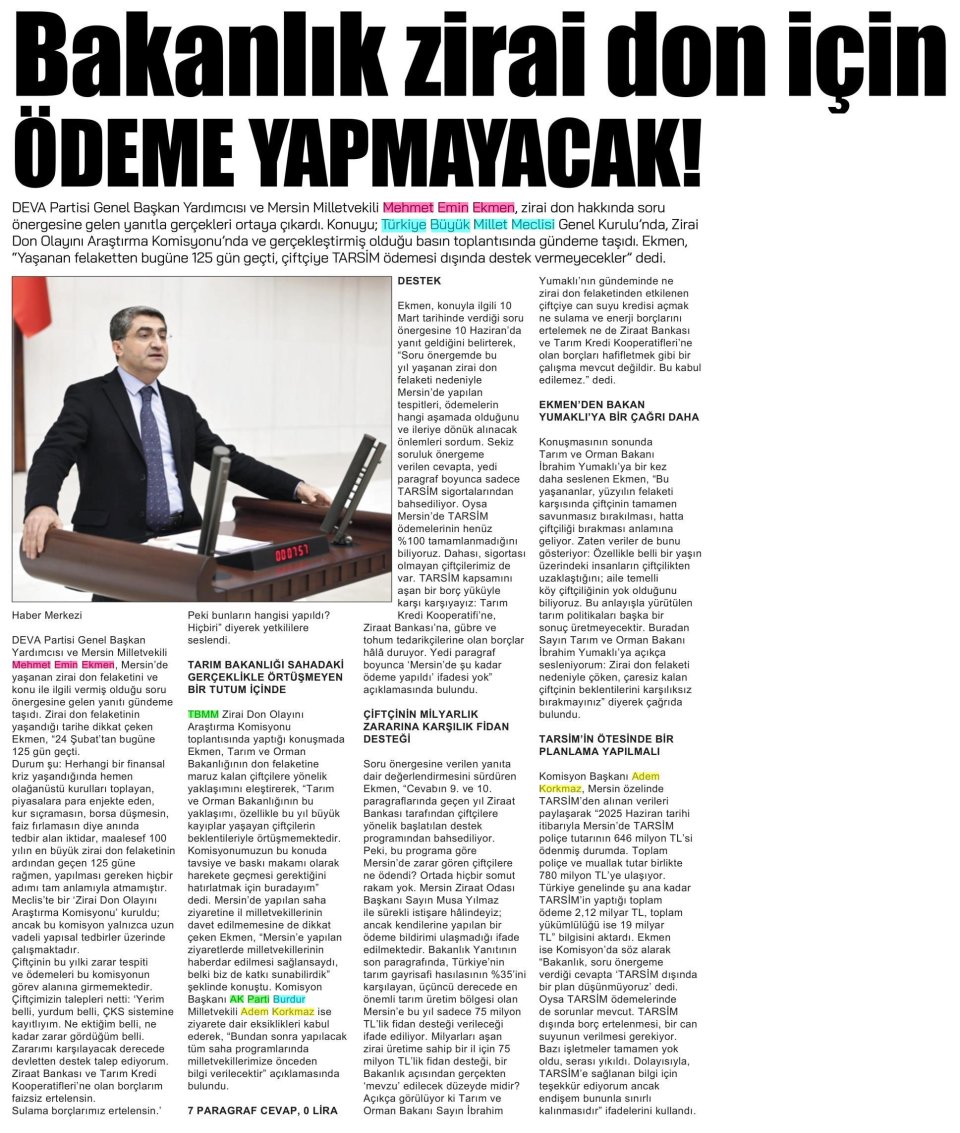 BAKANLIK ZİRAİ DON İÇİN ÖDEME YAPMAYACAK!
