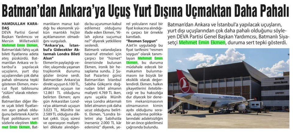 BATMAN'DAN ANKARA'YA UÇUŞ YURT DIŞINA UÇMAKTAN DAHA PAHALI