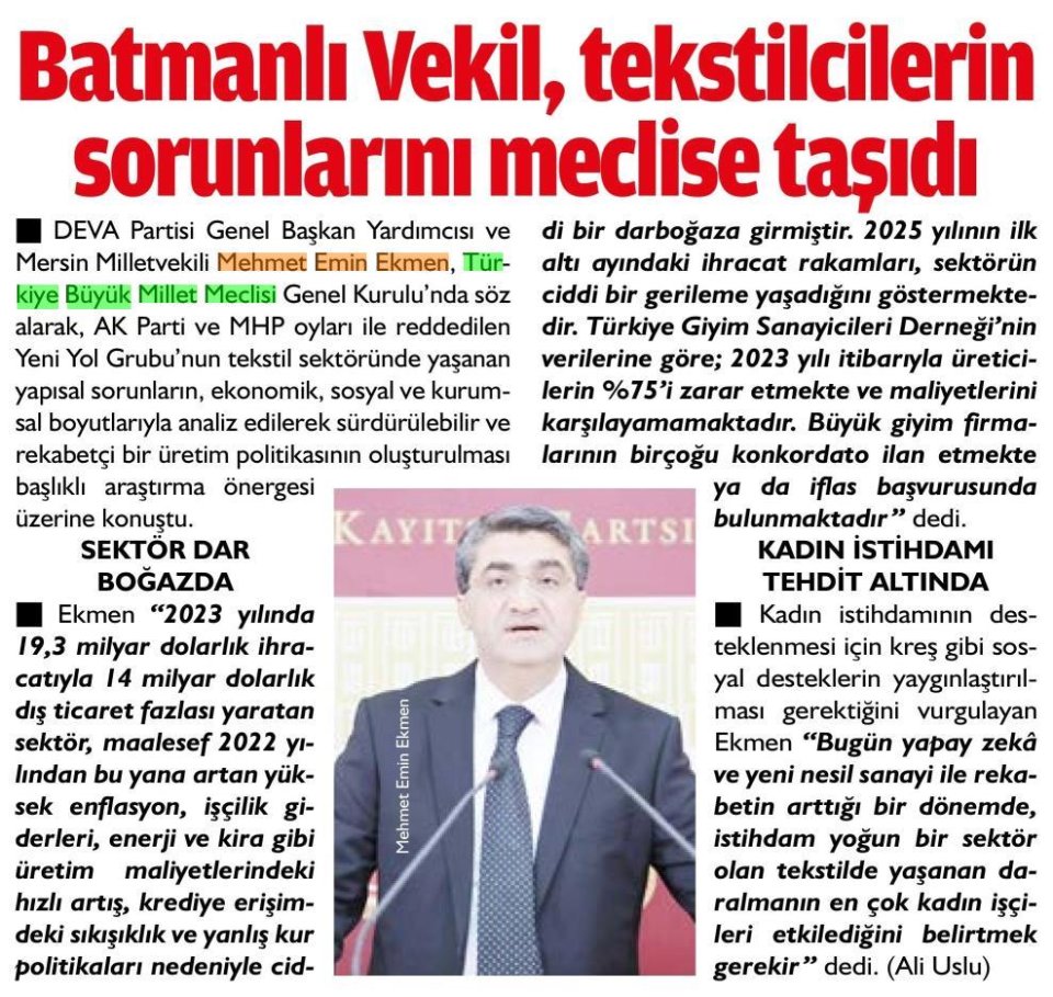BATMANLI VEKİL TEKSTİLCİLERİN SORUNLARINI MECLİSE TAŞIDI