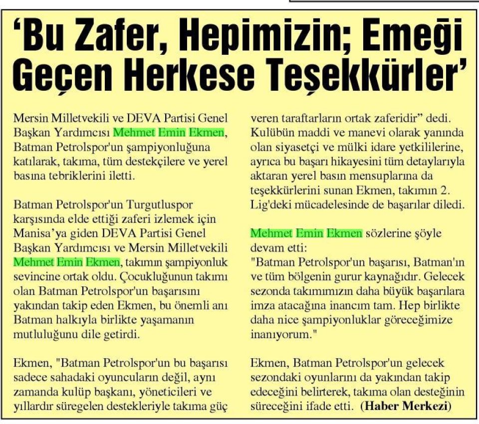 BU ZAFER, HEPİMİZİN; EMEĞİ GEÇEN HERKESE TEŞEKKÜRLER