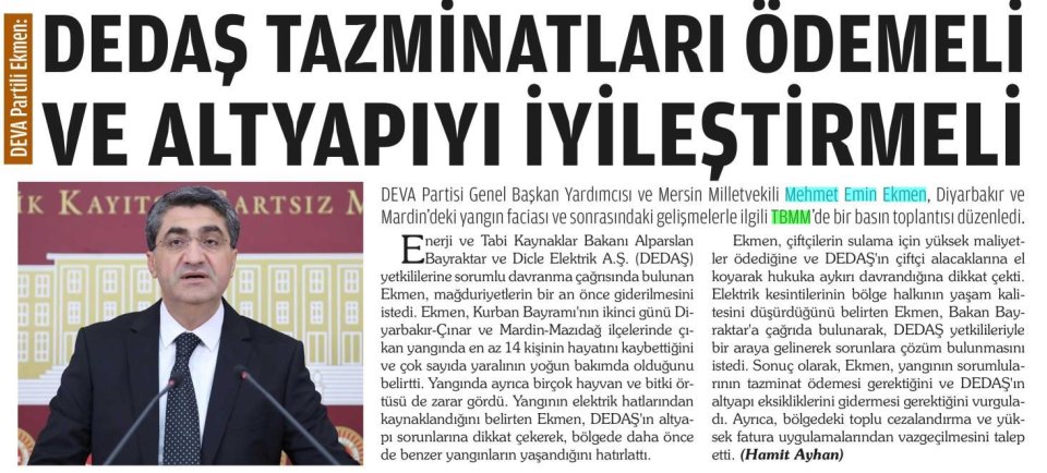 DEDAŞ TAZMİNATLARI ÖDEMELİ VE ALTYAPIYI İYİLEŞTİRMELİ