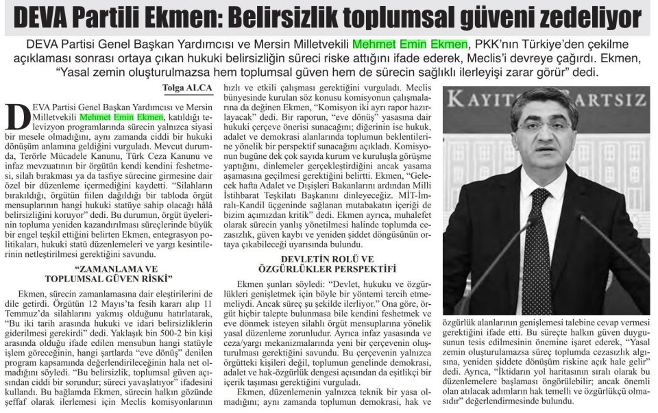 DEVA PARTİLİ EKMEN: BELİRSİZLİK TOPLUMSAL GÜVENİ ZEDELİYOR
