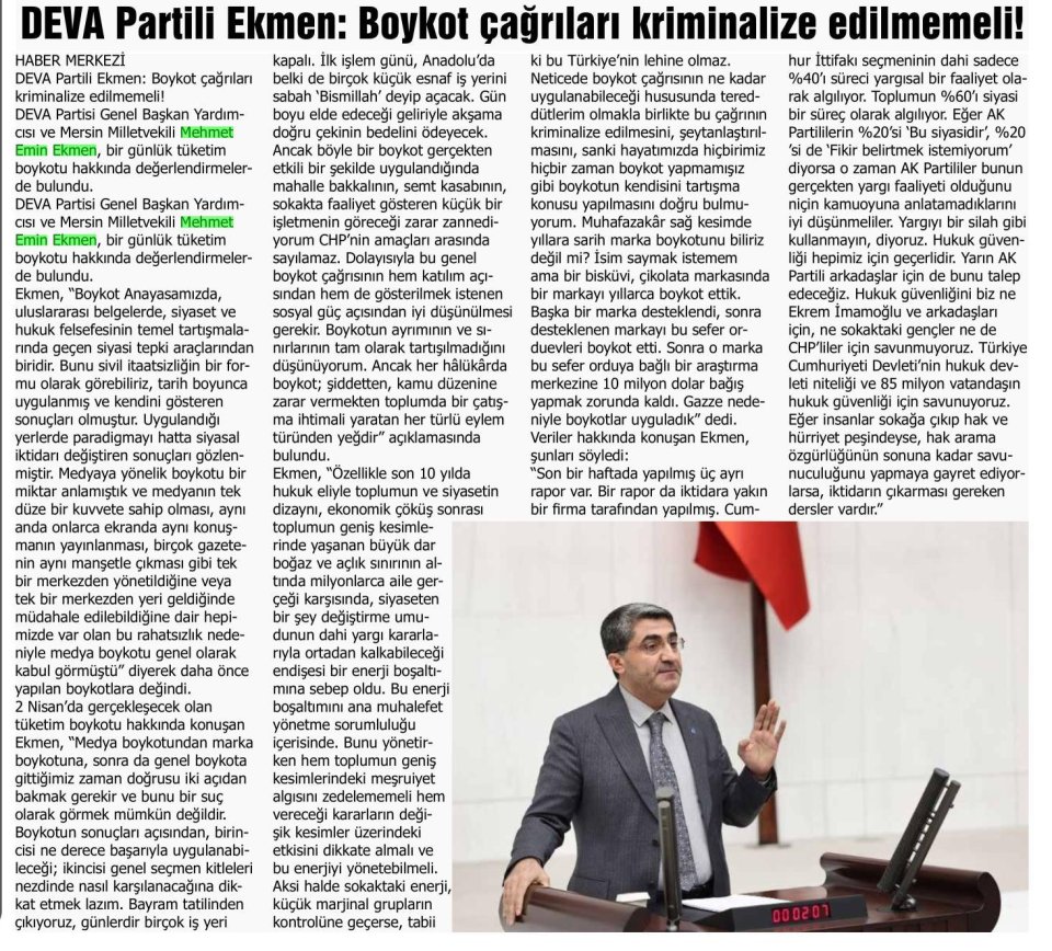 DEVA PARTİLİ EKMEN : BOYKOT ÇAĞRILARI KRİMİNALİZE EDİLMEMELİ!