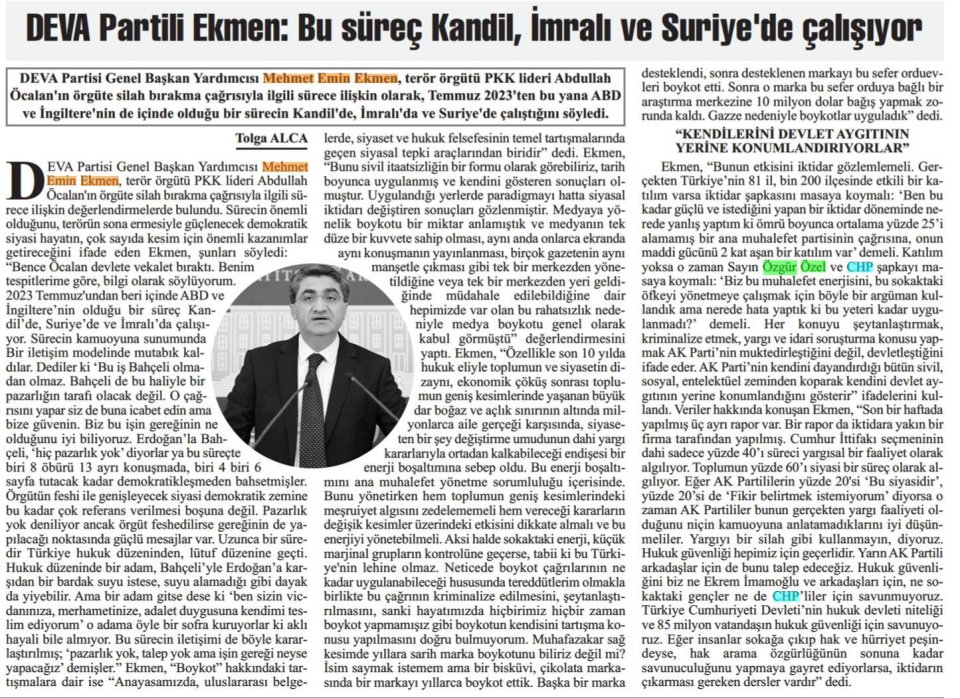DEVA PARTİLİ EKMEN: BU SÜREÇ KANDİL, İMRALI VE SURİYE'DE ÇALIŞIYOR