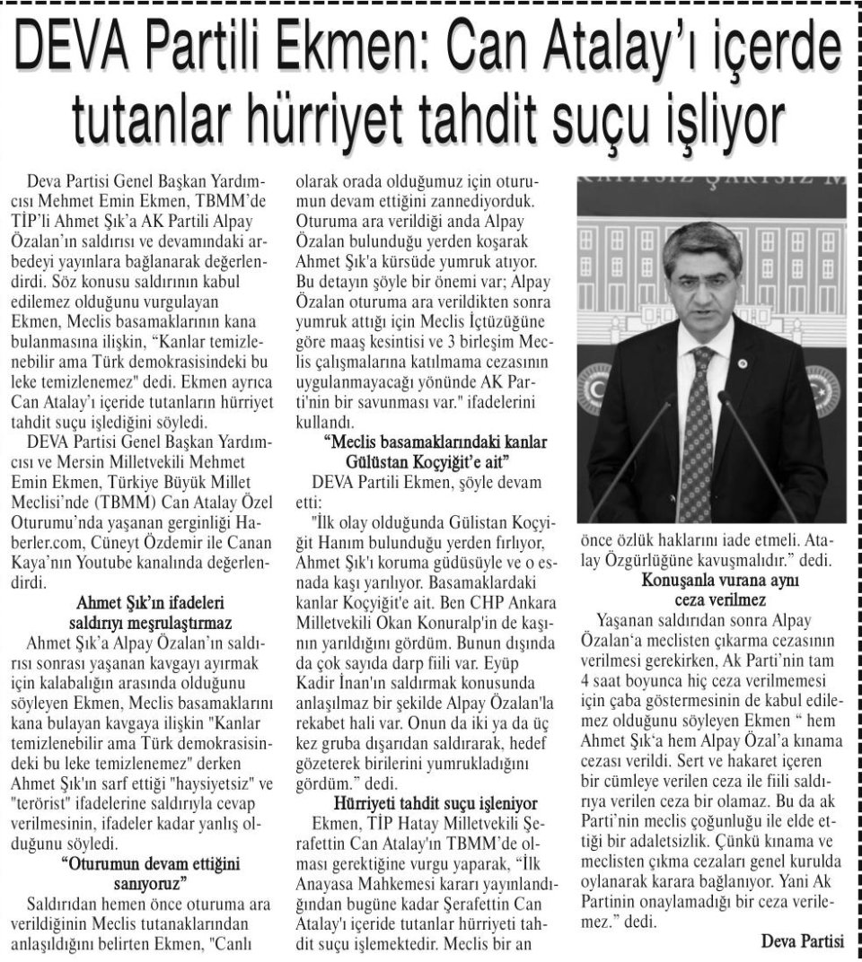 DEVA PARTİLİ EKMEN: CAN ATALAY'I İÇERDE TUTANLAR HÜRRİYET TAHDİT SUÇU İŞLİYOR