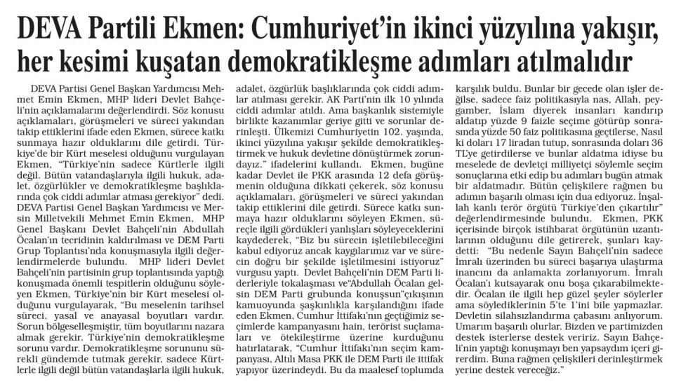 DEVA PARTİLİ EKMEN:CUMHURİYET'İN İKİNCİ YÜZYILINA YAKIŞIR,HER KESİMİ KUŞATAN DEMOKRATİKLEŞME ADIMLARI ATILMALIDIR