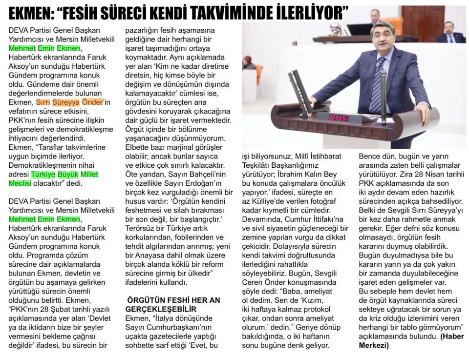 DEVA PARTİLİ EKMEN: FESİH SÜRECİ KENDİ TAKVİMİNDE İLERLİYOR