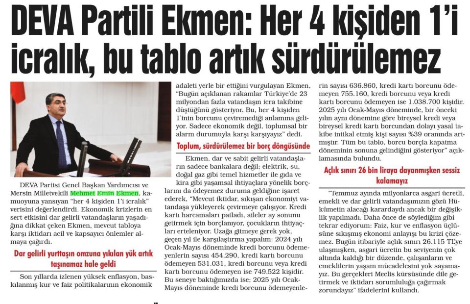 DEVA PARTİLİ EKMEN: HER 4 KİŞİDEN 1 İ İCRALIK BU TABLO ARTIK SÜRDÜRÜLEMEZ