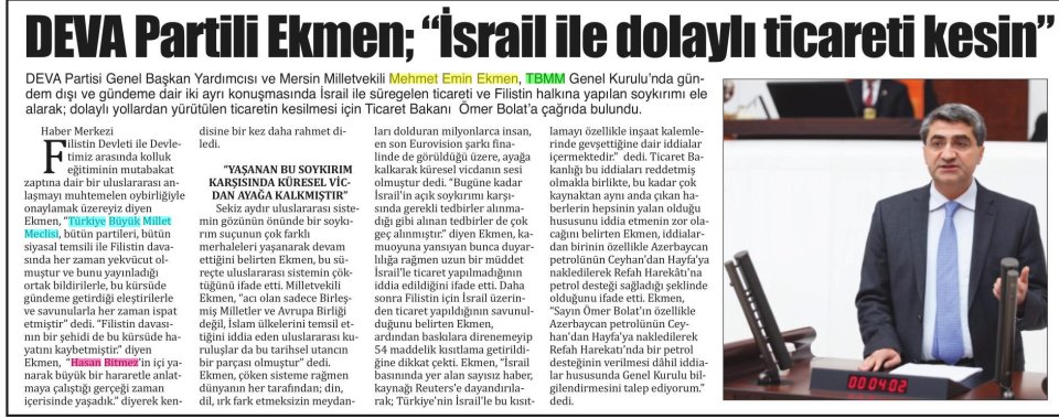 DEVA PARTİLİ EKMEN: İSRAİL İLE DOLAYLI TİCARETİ KESİN