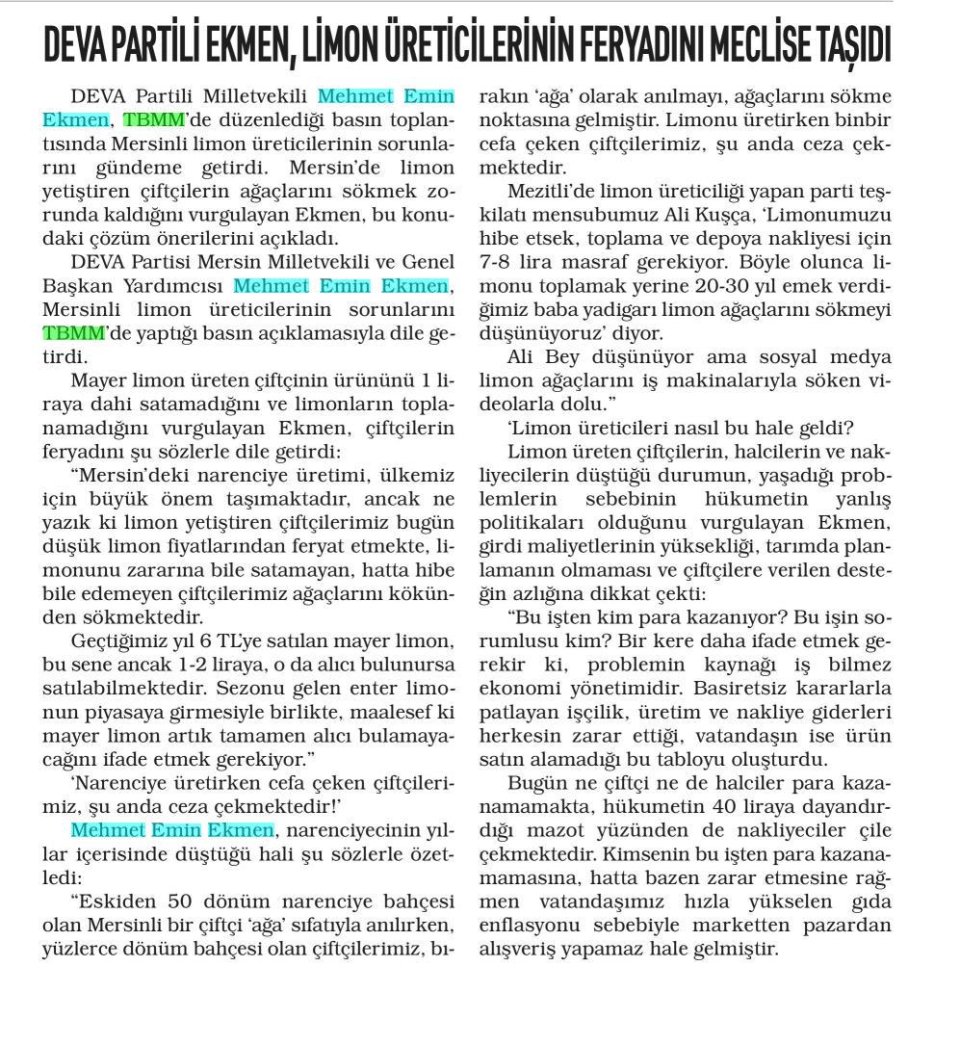 DEVA PARTİLİ EKMEN, LİMON ÜRETİCİLERİNİN FERYADINI MECLİSE TAŞIDI