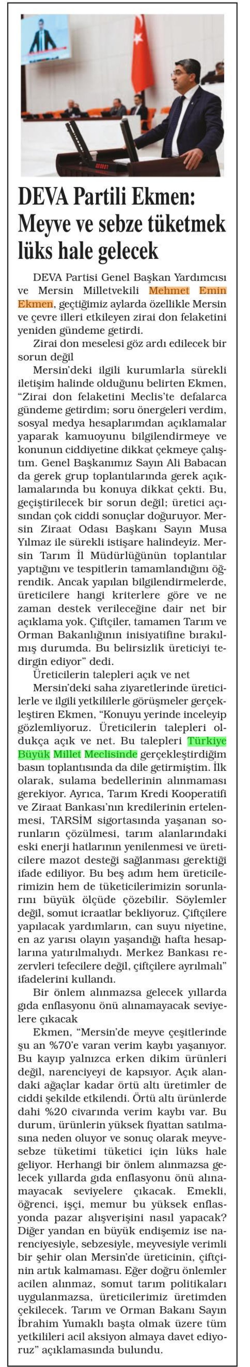 DEVA PARTİ'Lİ EKMEN: MEYVE VE SEBZE TÜKETMEK LÜKS HALE GELECEK