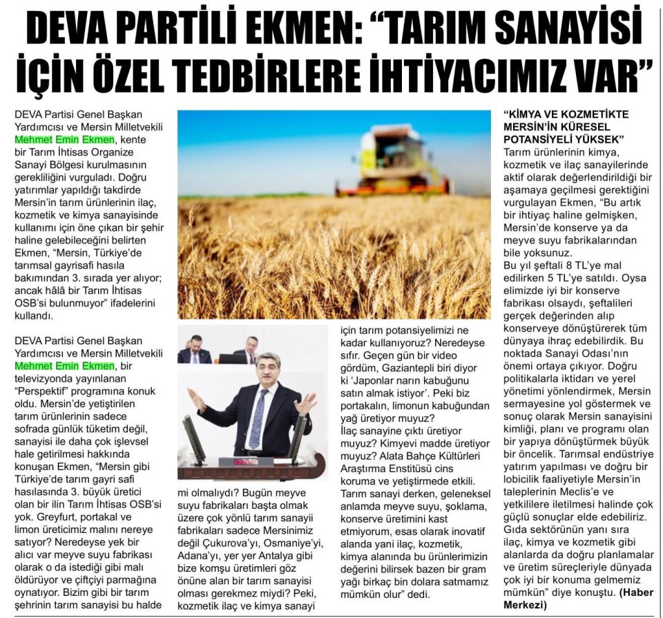 DEVA PARTİLİ EKMEN : ''TARIM SANAYİSİ İÇİN ÖZEL TEDBİRLERE İHTİYACIMIZ VAR''