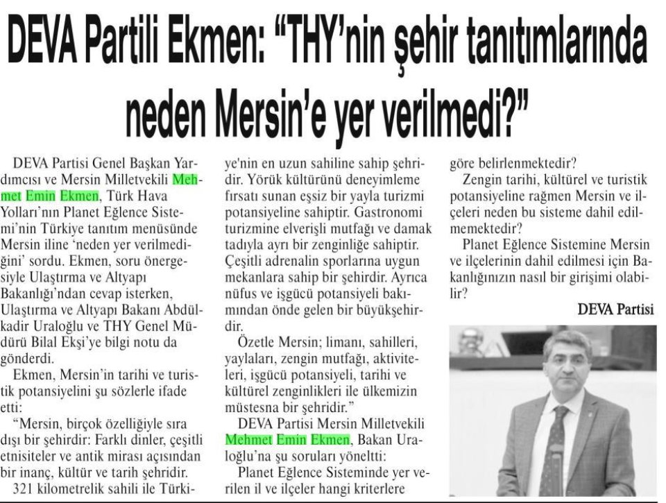 DEVA PARTİLİ EKMEN: THY'NİN ŞEHİR TANITIMLARINDA NEDEN MERSİN'E YER VERİLMEDİ?