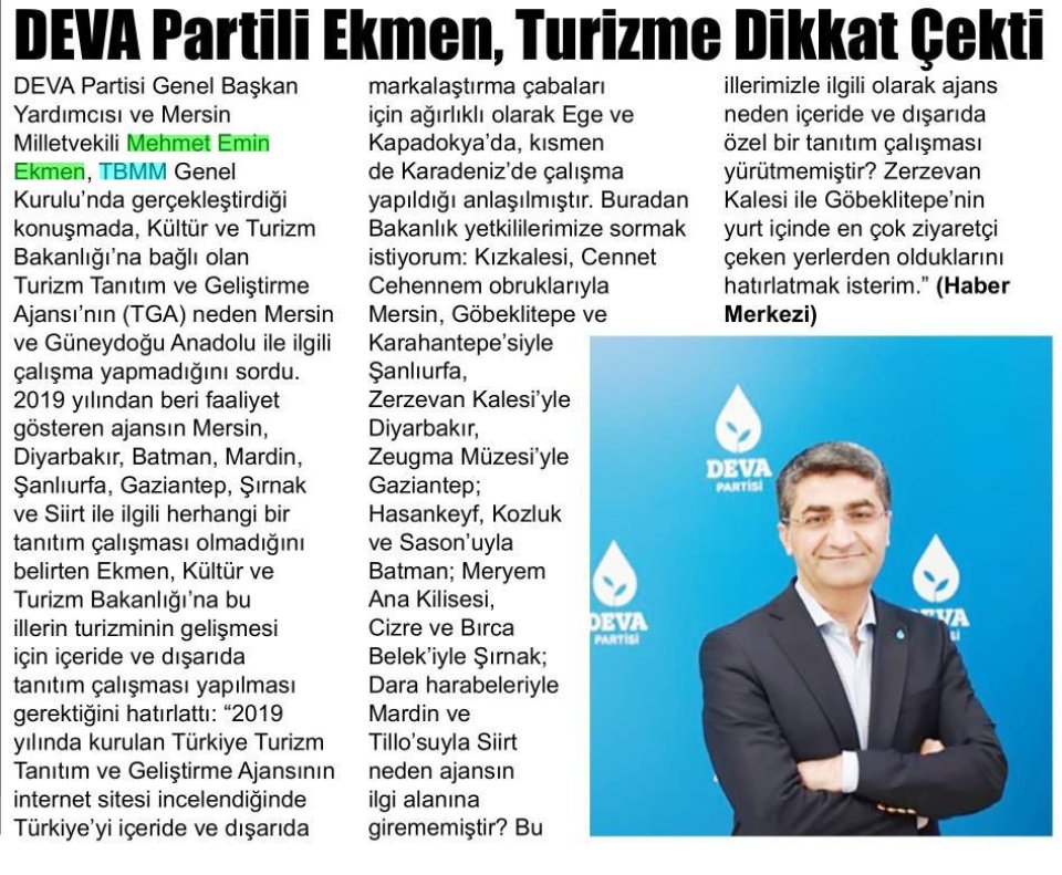DEVA PARTİLİ EKMEN, TURİZME DİKKAT ÇEKTİ