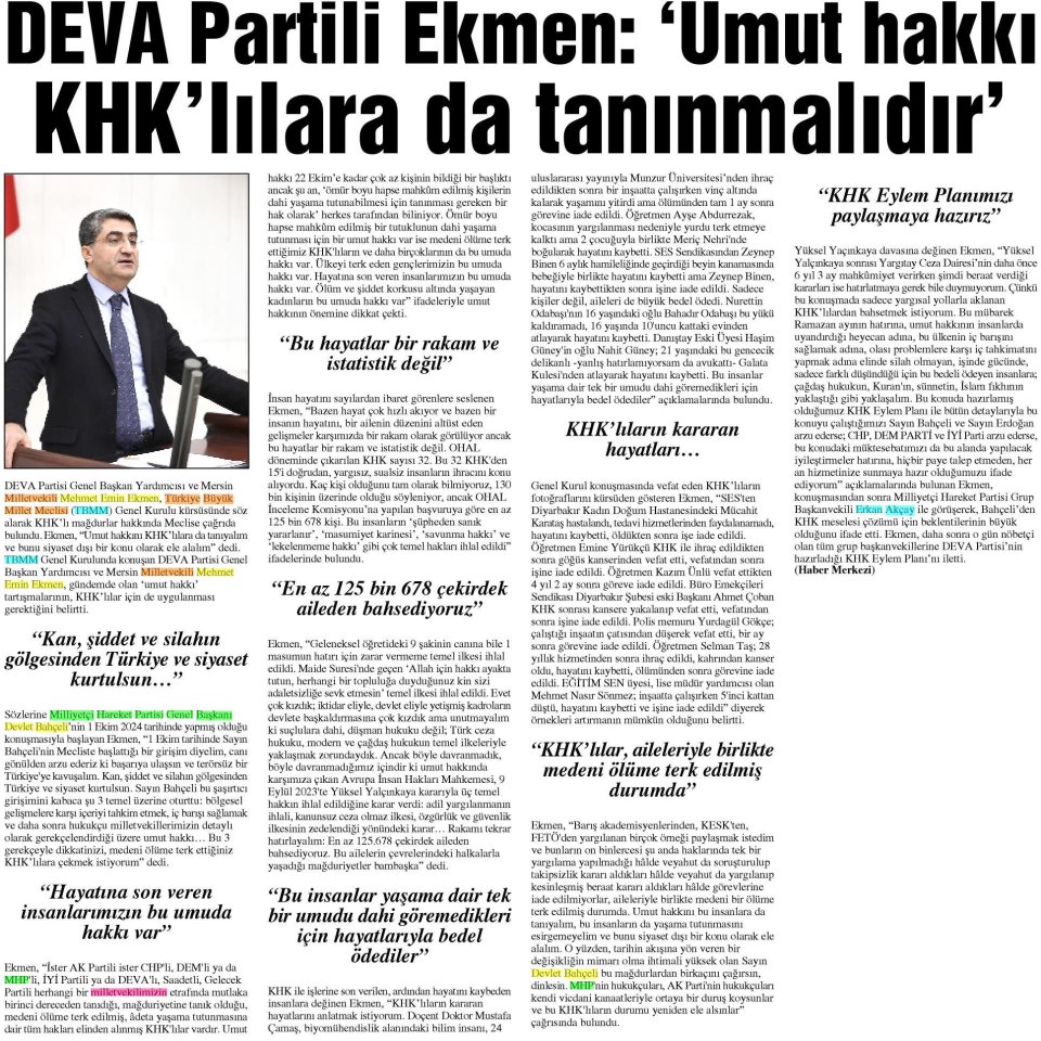DEVA PARTİLİ EKMEN: 'UMUT HAKKI KHK'LILARA DA TANINMALIDIR'