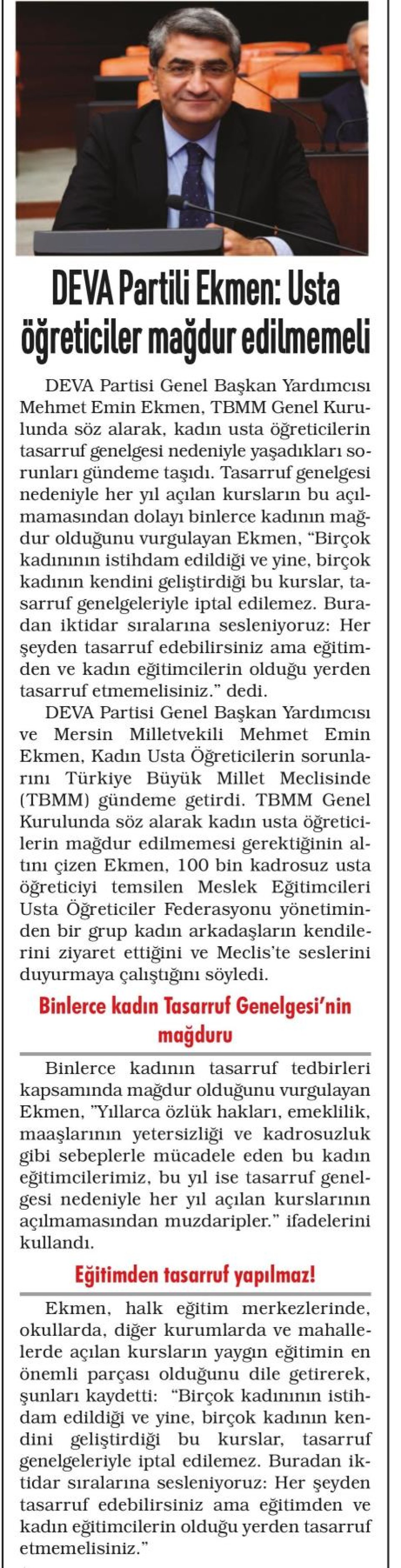 DEVA PARTİLİ EKMEN: USTA ÖĞRETİCİLER MAĞDUR EDİLMEMELİ