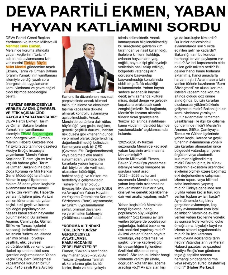 DEVA PARTİLİ EKMEN YABAN HAYVAN KATLİAMINI SORDU