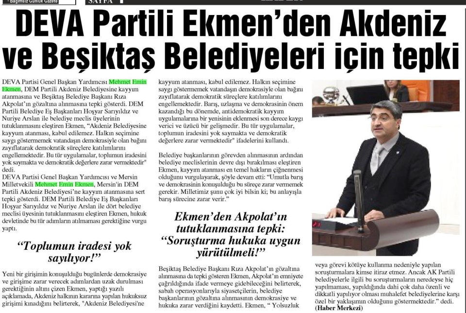 DEVA PARTİLİ EKMEN'DEN AKDENİZ VE BEŞİKTAŞ BELEDİYELERİ İÇİN TEPKİ