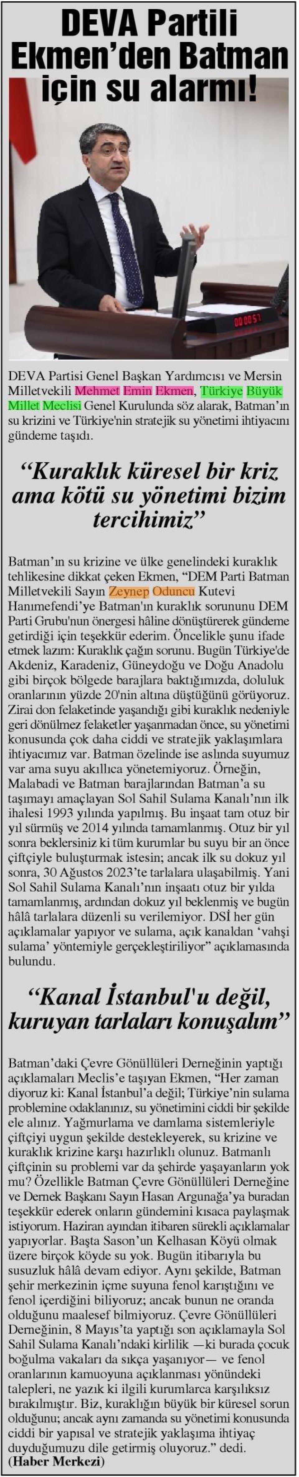DEVA PARTİLİ EKMEN'DEN BATMAN İÇİN SU ALARMI!