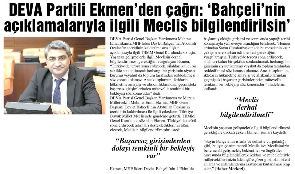 DEVA PARTİLİ EKMEN'DEN ÇAĞRI. BAHÖELİ'NİN AÇIKLAMALARIYLA İLGİLİ MECLİS BİLGİLENDİRİLSİN