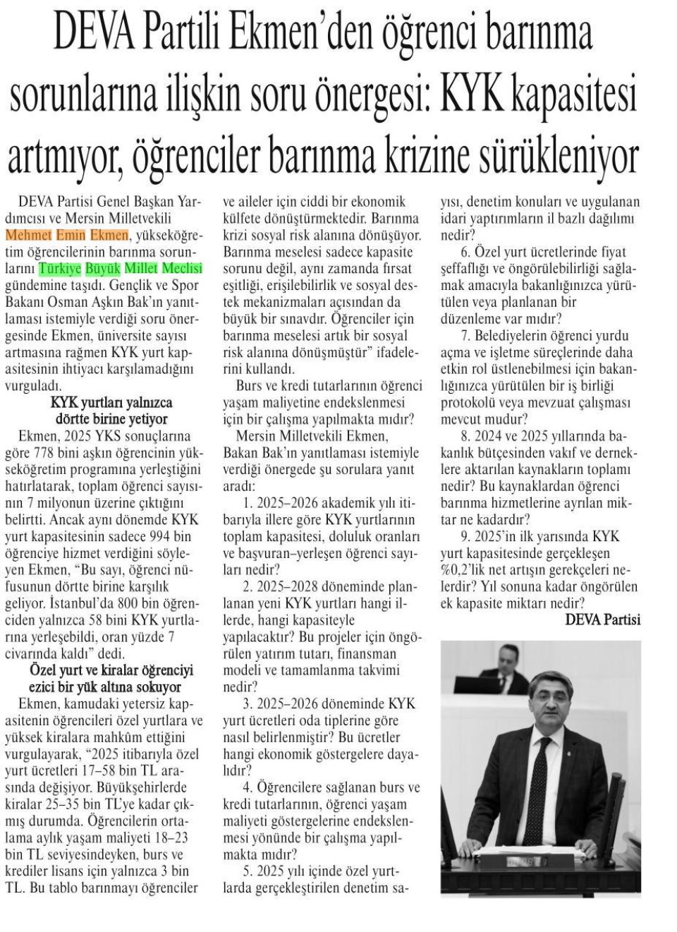 DEVA PARTİLİ EKMEN'DEN ÖĞRENCİ BARINMA SORUNLARINA İLİŞKİN SORU ÖNERGESİ
