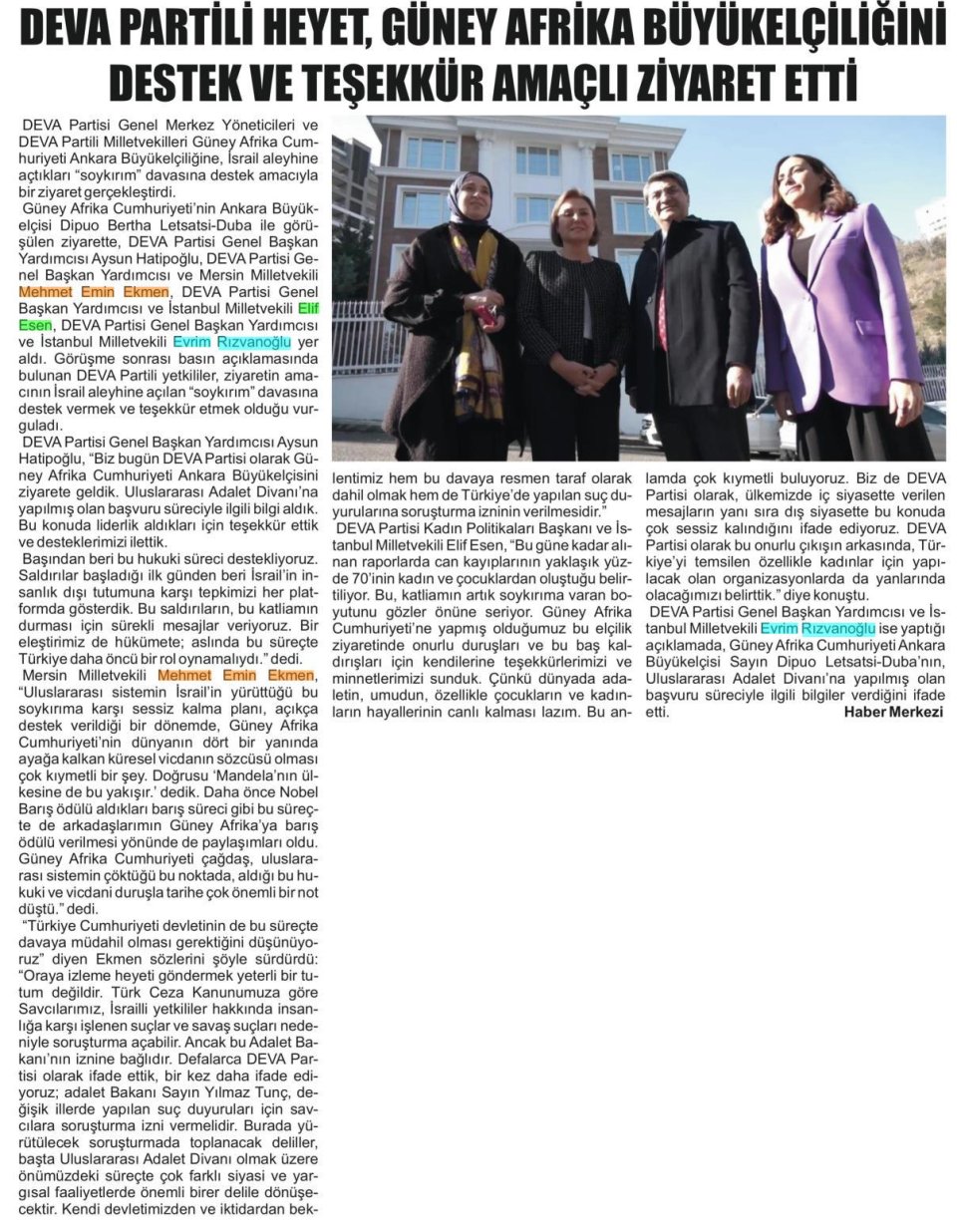 DEVA PARTİLİ HEYET, GÜNEY AFRİKA BÜYÜKELÇİLİĞİNİ DESTEK VE TEŞEKKÜR AMAÇLI ZİYARET ETTİ