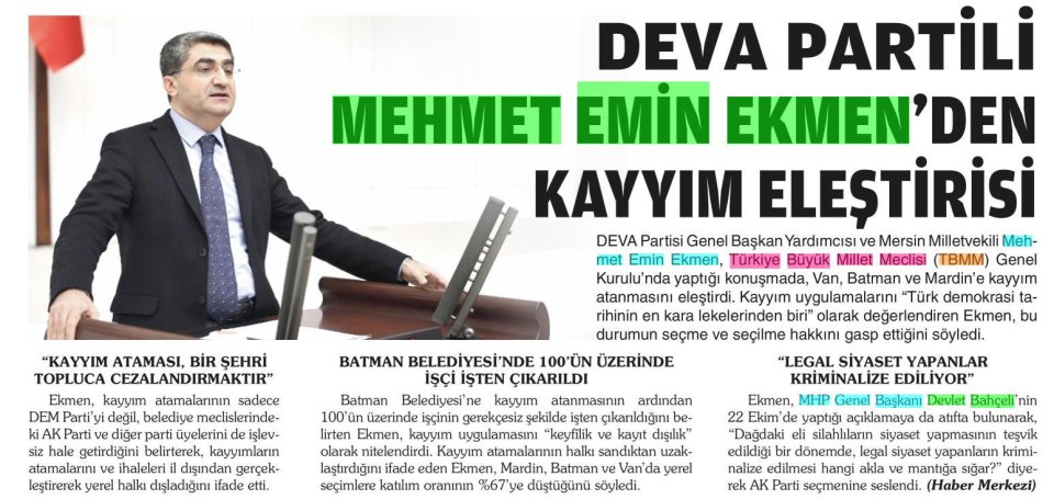  DEVA PARTİLİ MEHMET EMİN EKMEN'DEN KAYYIM ELEŞTİRİSİ