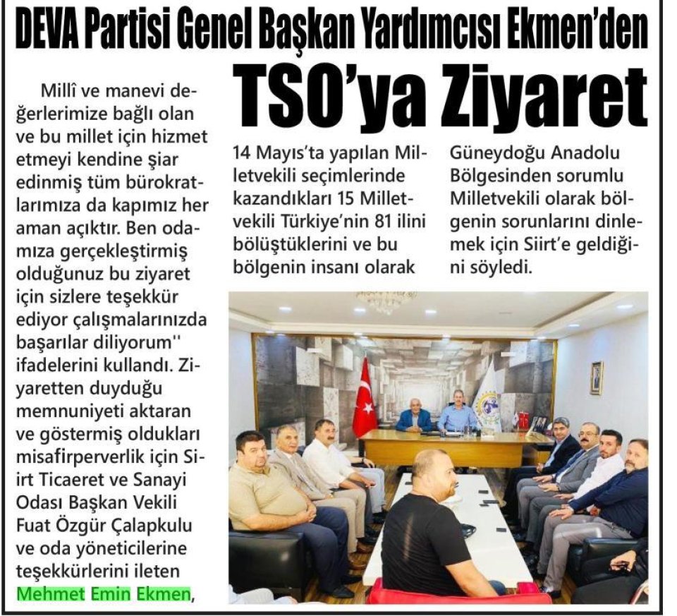 DEVA PARTİSİ GENEL BAŞKAN YARDIMCISI EKMENDEN TSO'YA ZİYARET