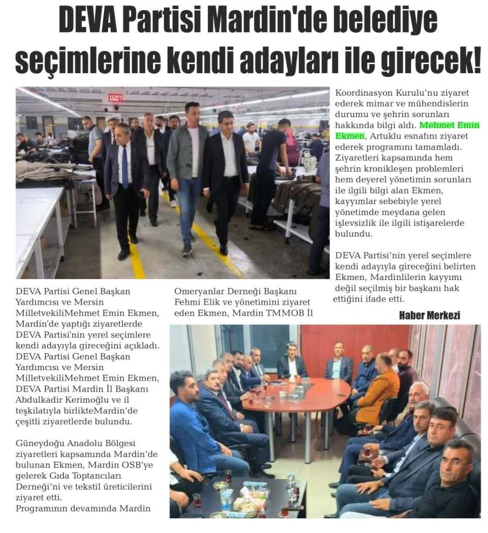 DEVA PARTİSİ MARDİN'DE BELEDİYE SEÇİMLERİNE KENDİ ADAYLARI İLE GİRECEK!