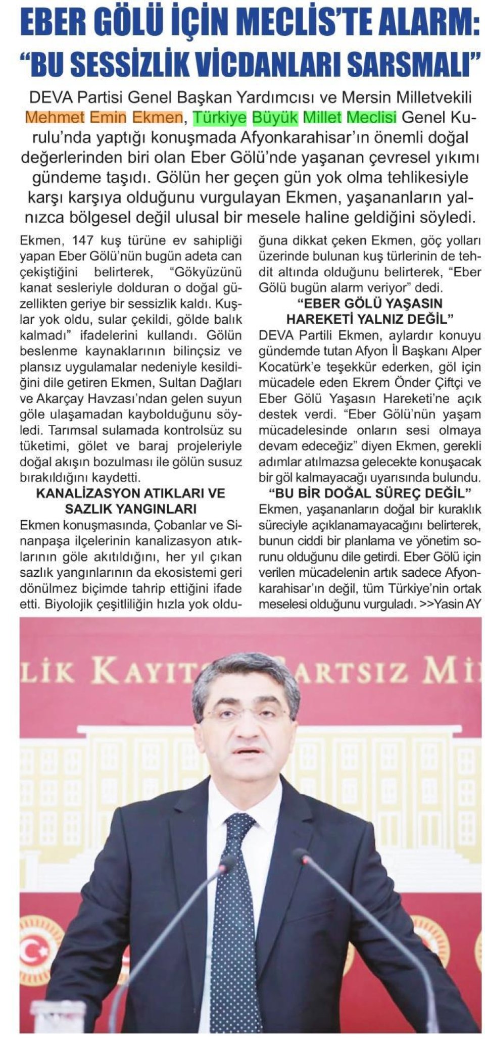 EBER GÖLÜ İÇİN MECLİSTE ALARM