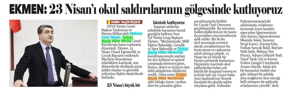 EKMEN: 23 NİSAN'I OKUL SALDIRILARININ GÖLGESİNDE KUTLUYORUZ