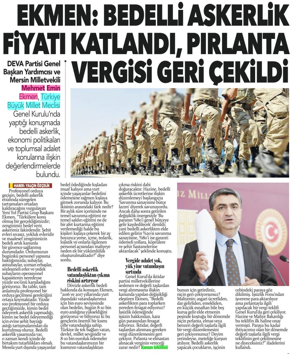 EKMEN : BEDELLİ ASKERLİK FİYATI KATLANDI , PIRLANTA VERGİSİ GERİ ÇEKİLDİ