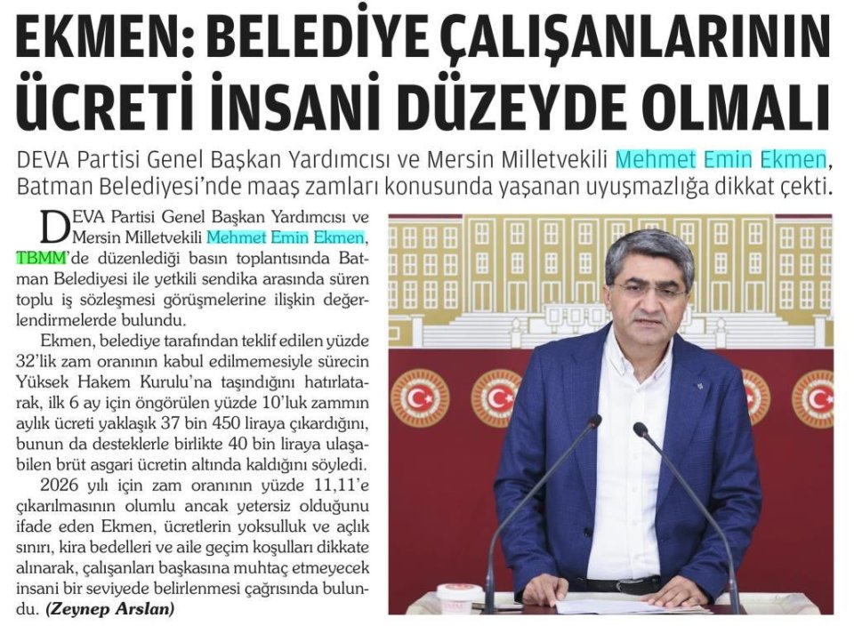 EKMEN: BELEDİYE ÇALIŞANLARININ ÜCRETİ İNSANİ DÜZEYDE OLMALI
