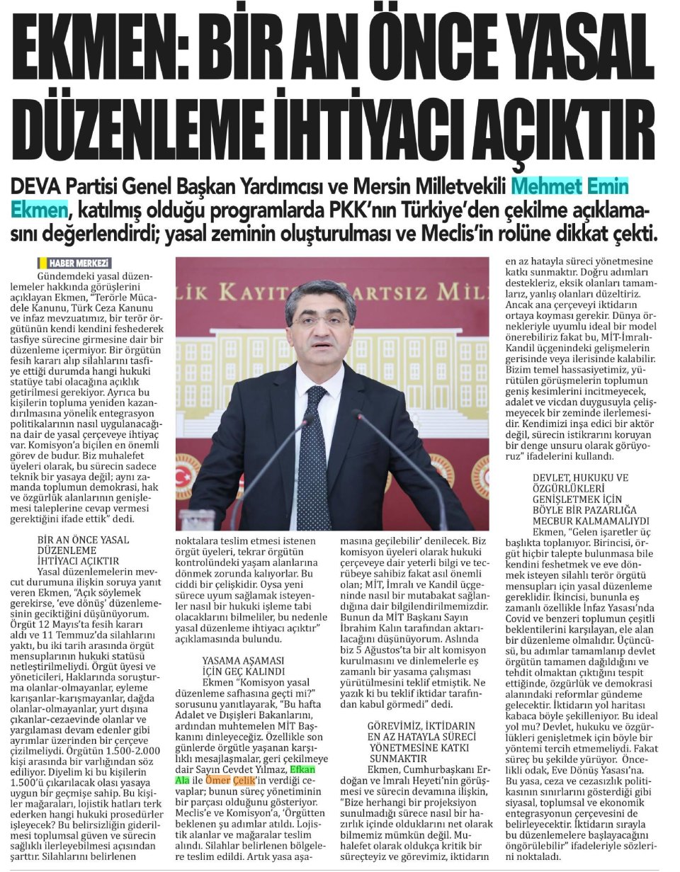 EKMEN: BİR AN ÖNCE YASAL DÜZENLEME İHTİYACI AÇIKTIR