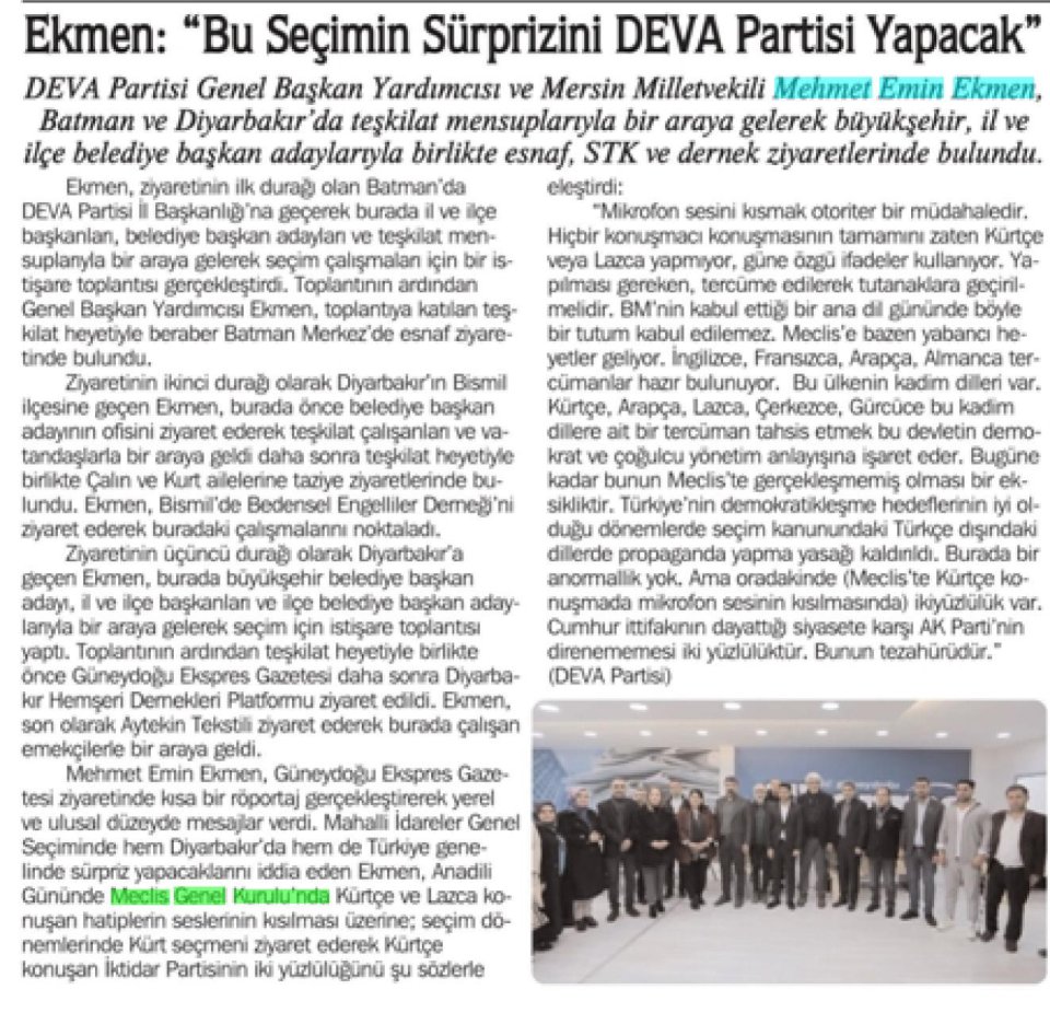 EKMEN: BU SEÇİMİN SÜRPRİZİNİ DEVA PARTİSİ YAPACAK