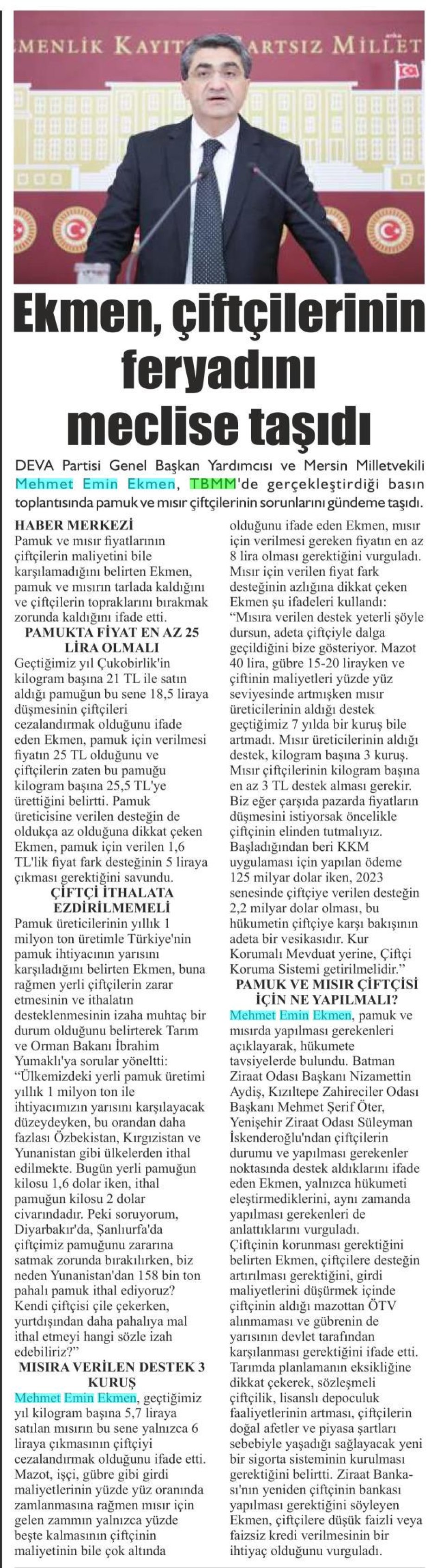 EKMEN, ÇİFTÇİLERİNİN FERYADINI MECLİSE TAŞIDI