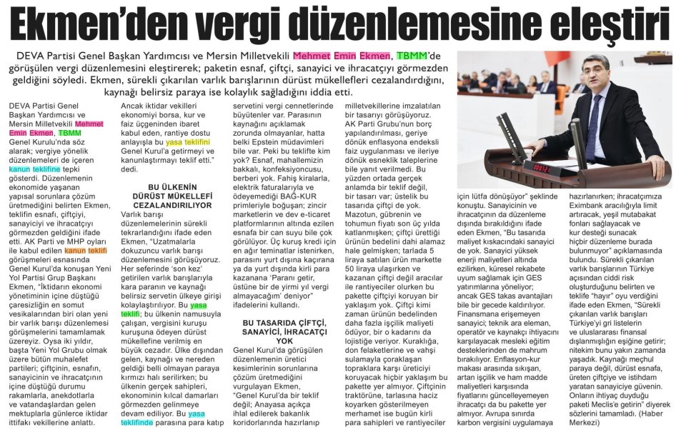 EKMEN' DEN VERGİ DÜZENLEMESİNE ELEŞTİRİ