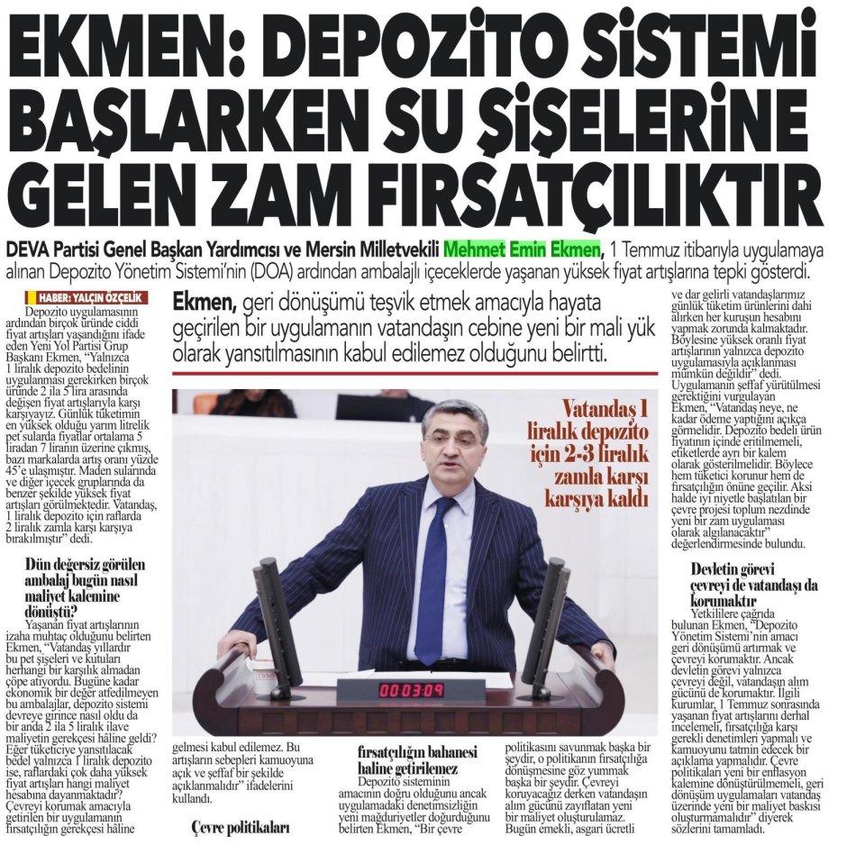  EKMEN: DEPOZİTO SİSTEMİ BAŞLARKEN SU ŞİŞELERİNE GELEN ZAM FIRSATÇILIKTIR