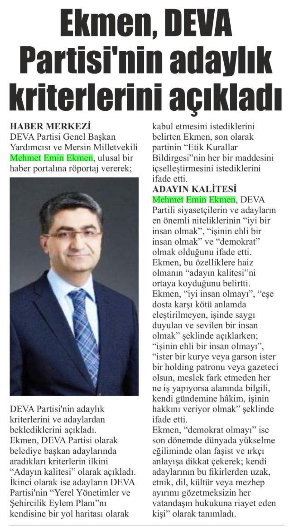 EKMEN, DEVA PARTİSİNİN ADAYLIK KRİTERLERİNİ AÇIKLADI