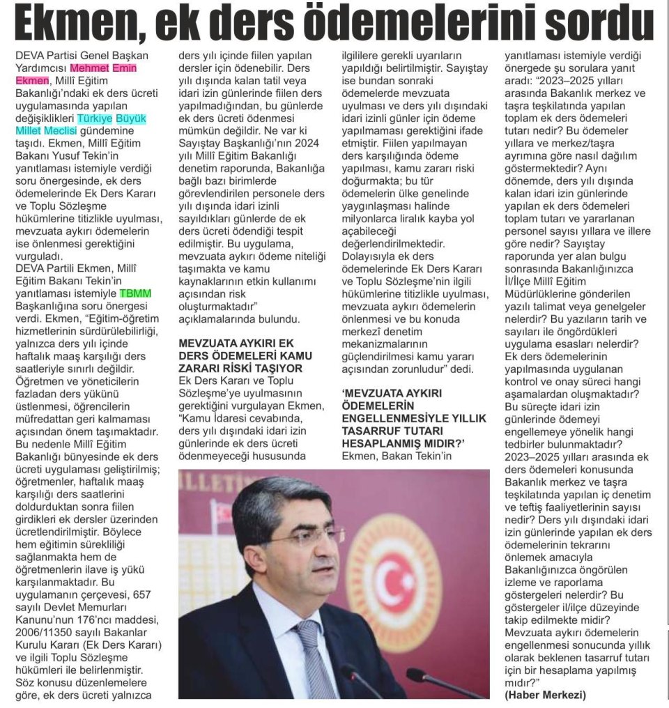 EKMEN, EK DERS ÖDEMELERİNİ SORDU