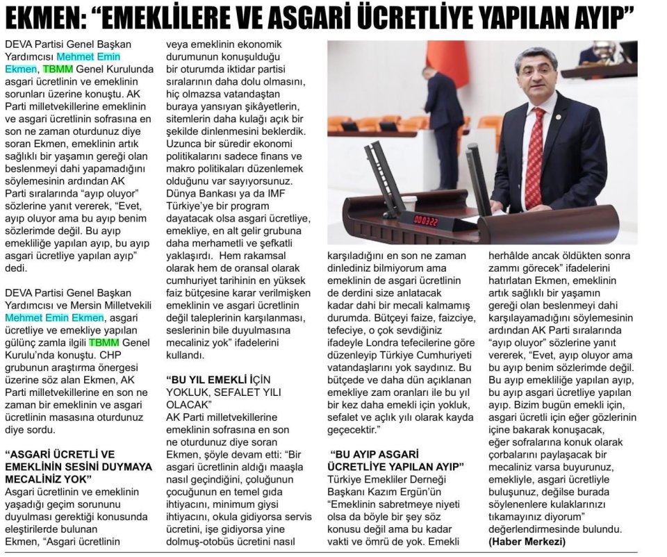 EKMEN : EMEKLİLERE VE ASGARİ ÜCRETLİYE YAPILAN AYIP