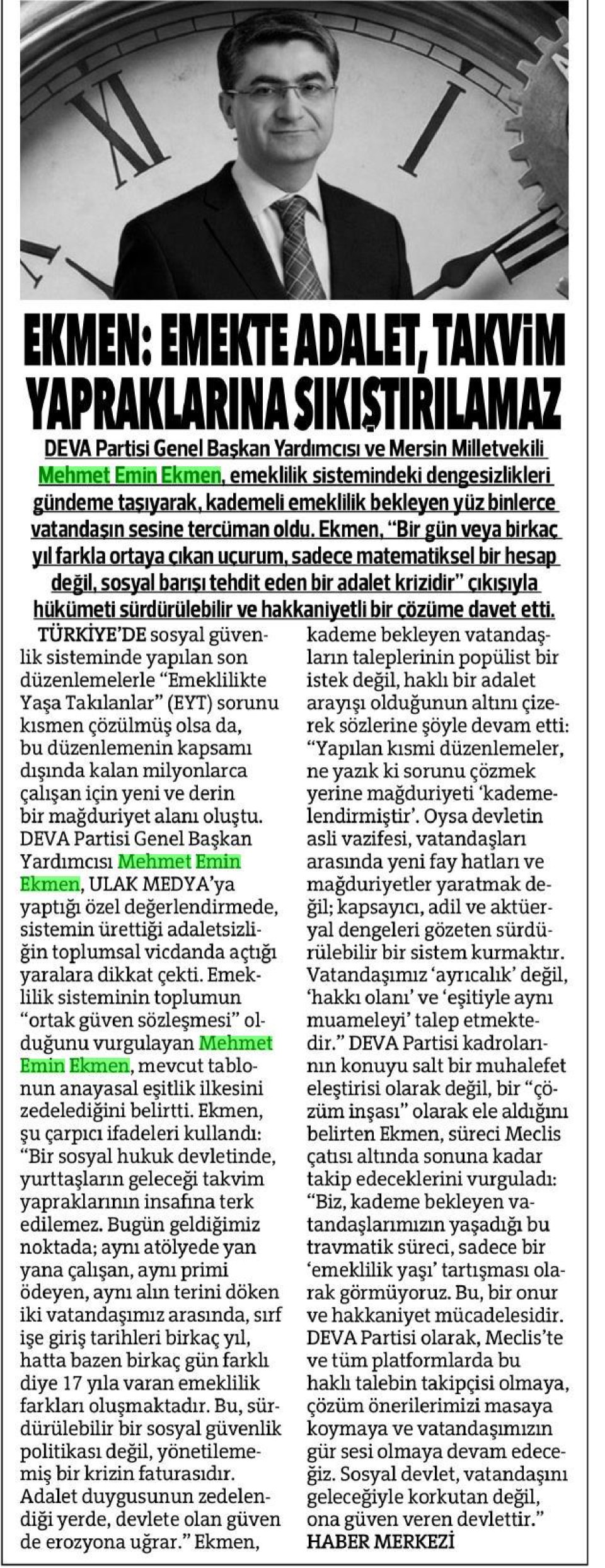 EKMEN: EMEKTE ADALET, TAKVİM YAPRAKLARINA SIKIŞTIRILAMAZ''