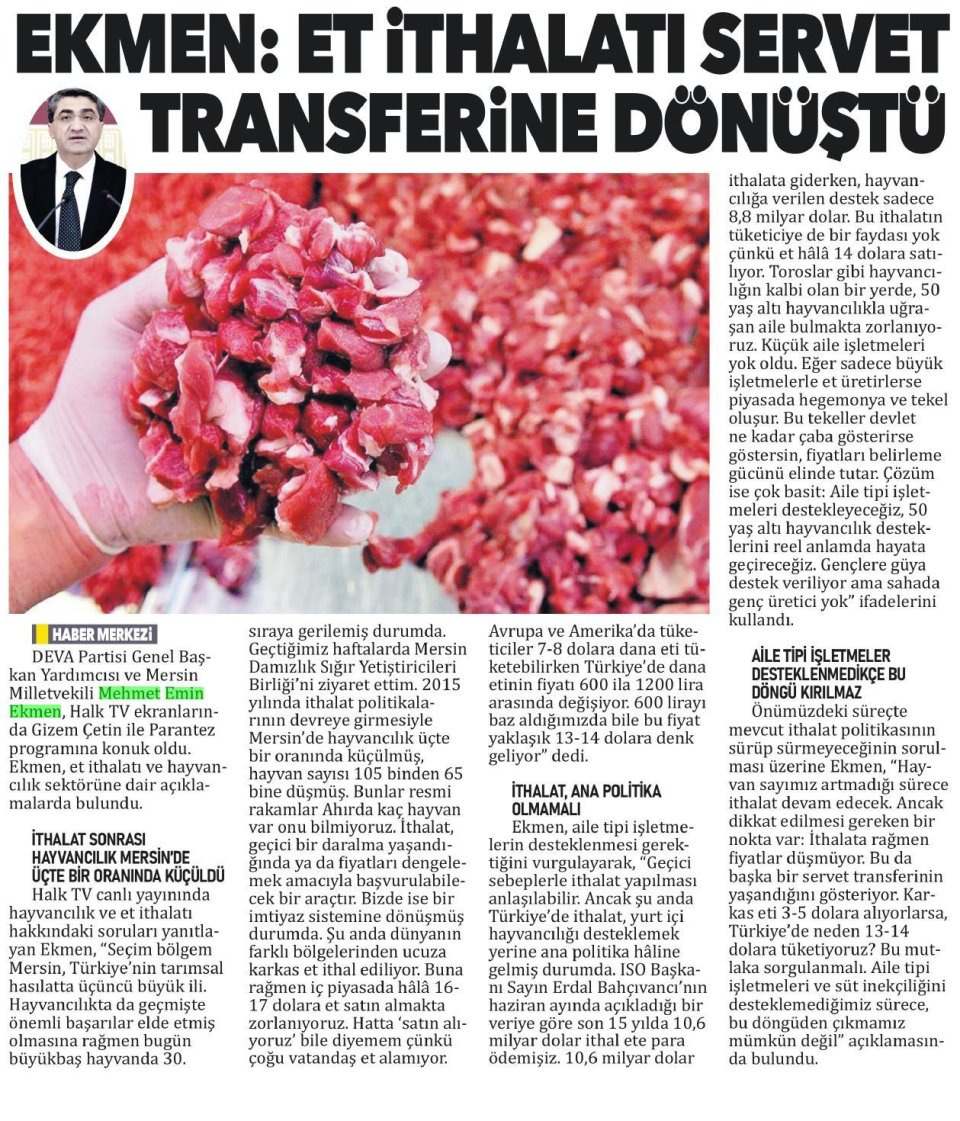 EKMEN: ET İTHALATI SERVET TRANSFERİNE DÖNÜŞTÜ