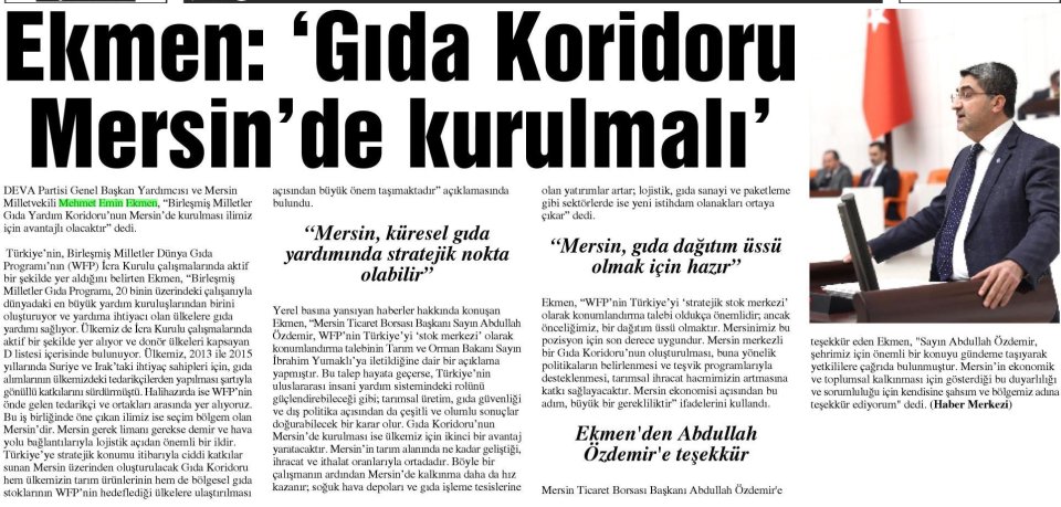 EKMEN: 'GIDA KORİDORU MERSİN'DE KURULMALI'