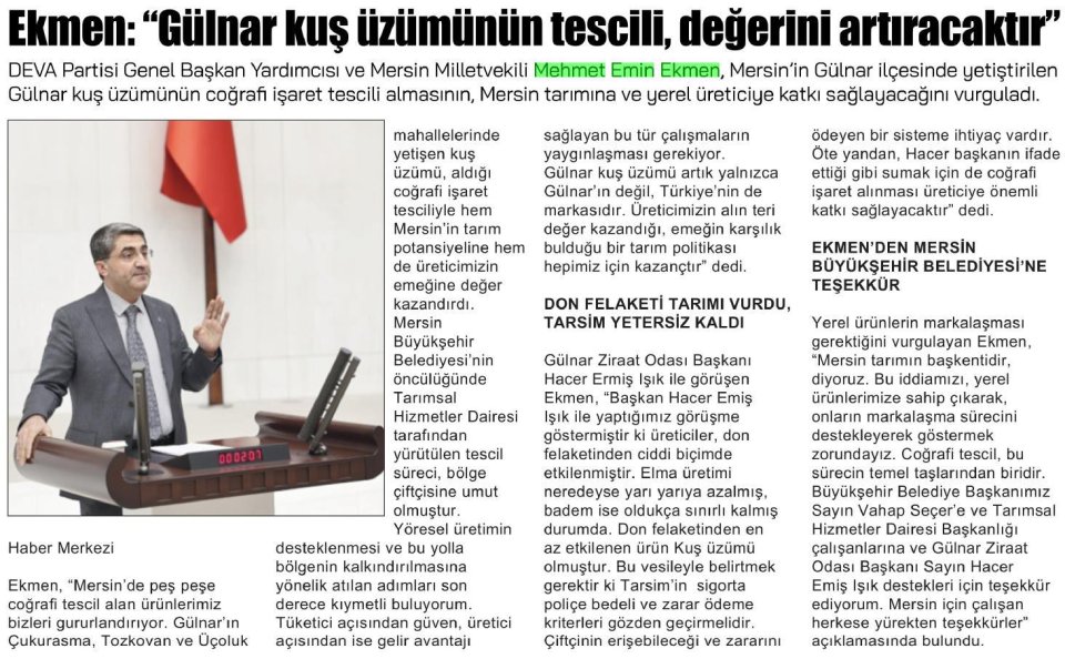 EKMEN: 'GÜLNAR KUŞ ÜZÜMÜNÜN TESCİLİ DEĞERİNİ ARTIRACAKTIR'