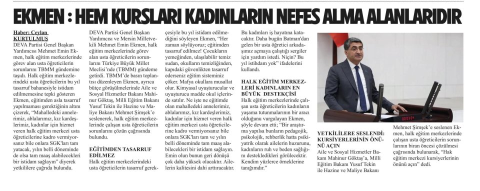 EKMEN: HEM KURSLARI KADINLARIN NEFES ALMA ALANLARIDIR