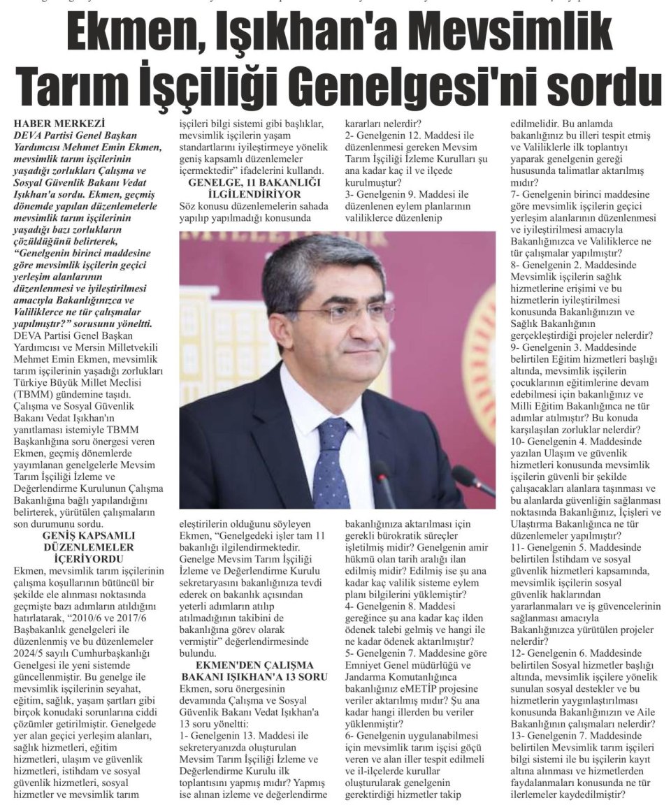 EKMEN, IŞIKHAN'A MEVSİMLİK TARIM İŞÇİLİĞİ GENELGESİ'Nİ SORDU