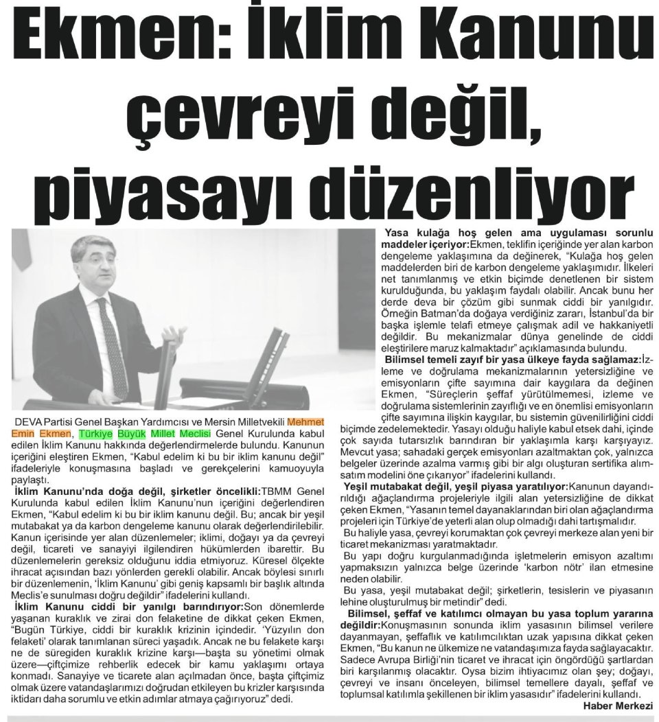 EKMEN: İKLİM KANUNU ÇEVREYİ DEĞİL, PİYASAYI DÜZENLİYOR